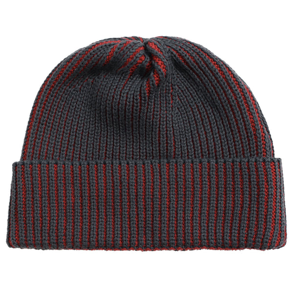 Grey / Red Ribbed Cotton Beanie by Far Afield