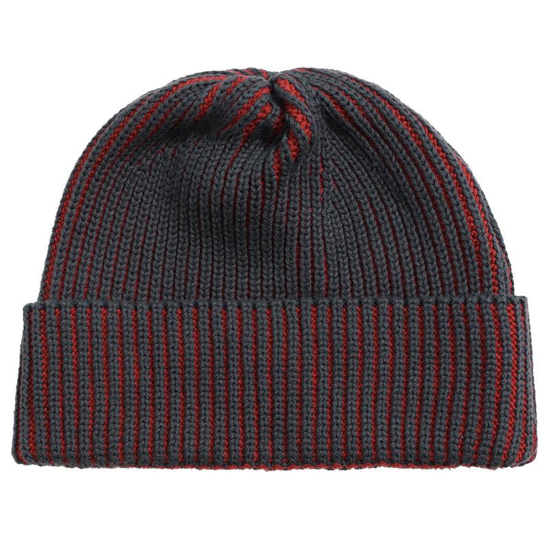 Grey / Red Ribbed Cotton Beanie by Far Afield