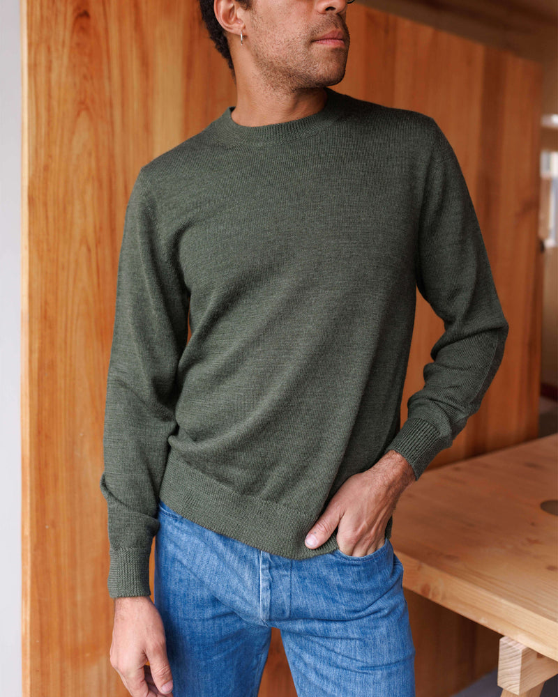 Alex Crane Heathered Pine Italian Merino Wool Crewneck "Campo" Sweater