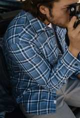 Daydream Blue Nep Plaid "Brace " Shirt by Hiroshi Kato