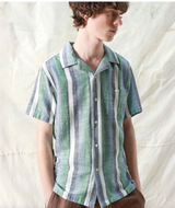 Blue / Green Slub Stripe "Selleck" Short Sleeve Shirt by Far Afield