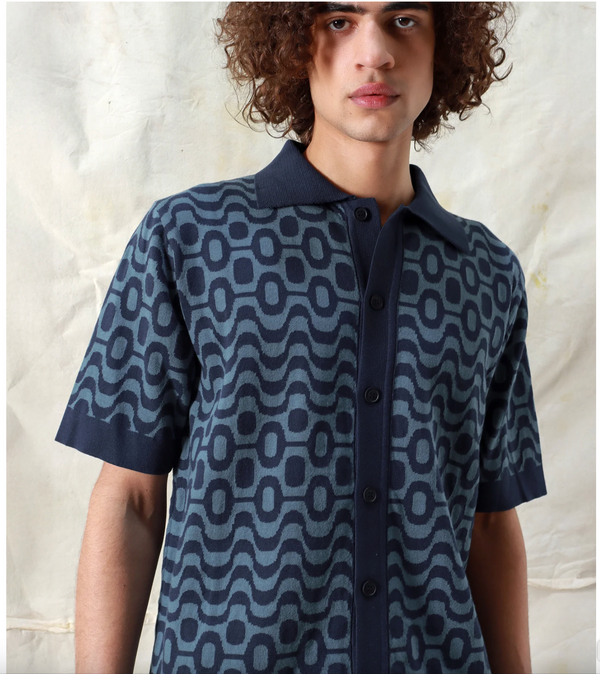 Navy / Iris Blue "Zigger" Cardigan Polo by Far Afield