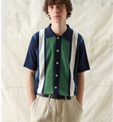 Neto Stripe Navy Iris /Green "Velzy" Cardigan Knit Polo by Far Afield