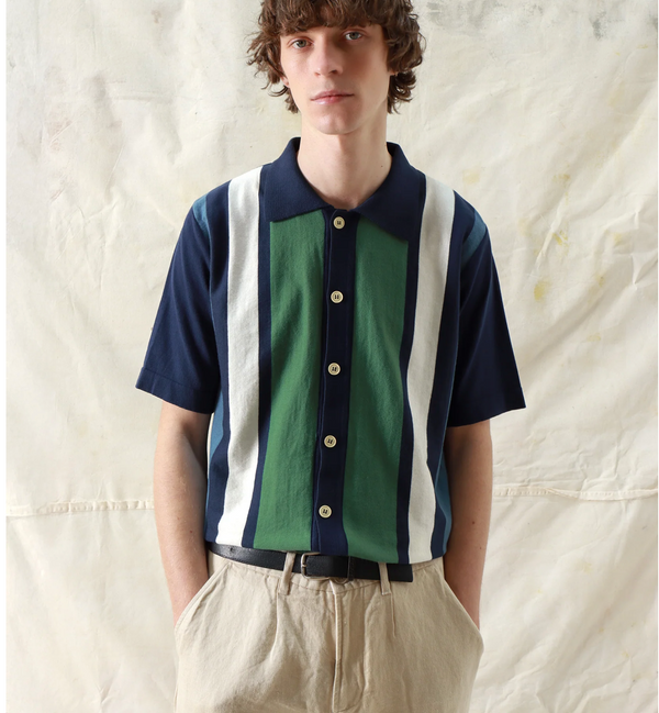 Neto Stripe Navy Iris /Green "Velzy" Cardigan Knit Polo by Far Afield