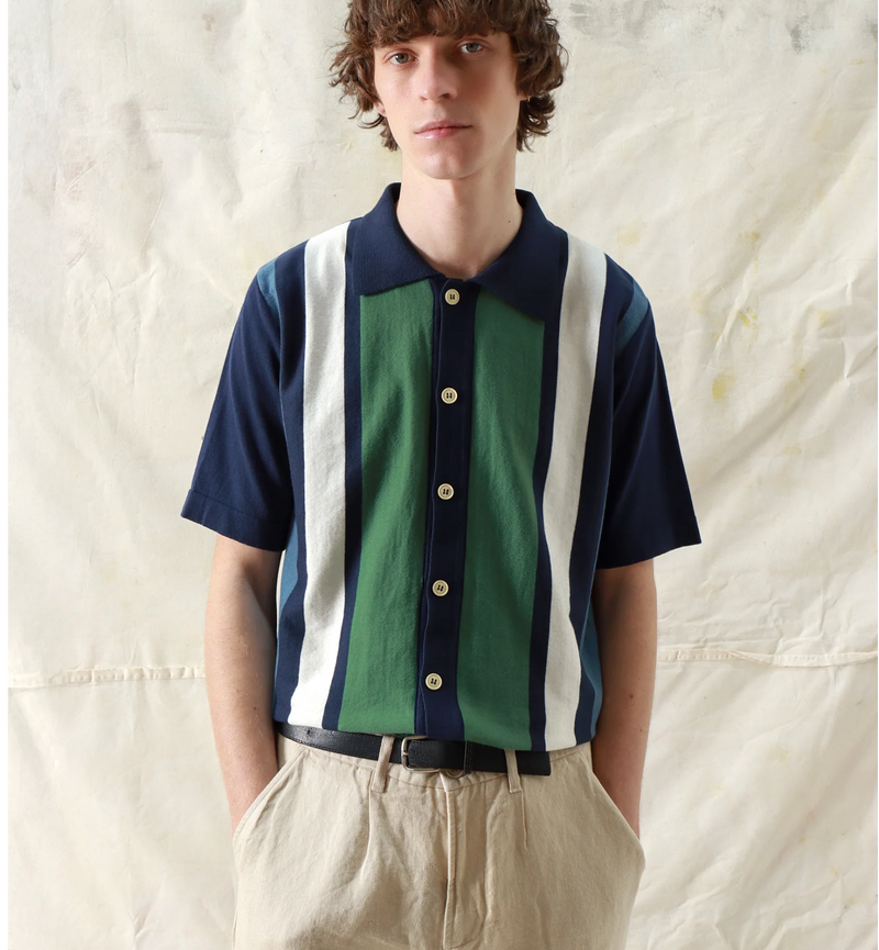 Neto Stripe Navy Iris /Green "Velzy" Cardigan Knit Polo by Far Afield