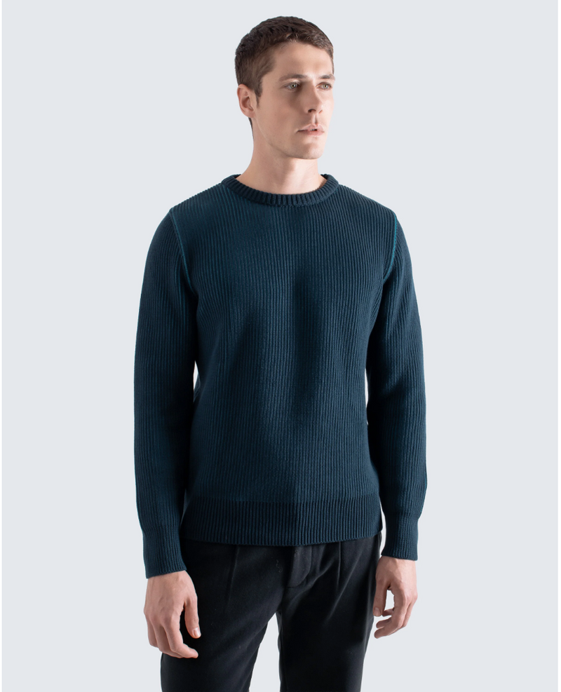 Contrasting Navy / Blue  Ribbed Knit Crewneck Sweater by Far Afield