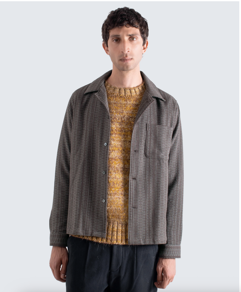 Brown / Stone "Busey" Dobby Check Shirt by Far Afield
