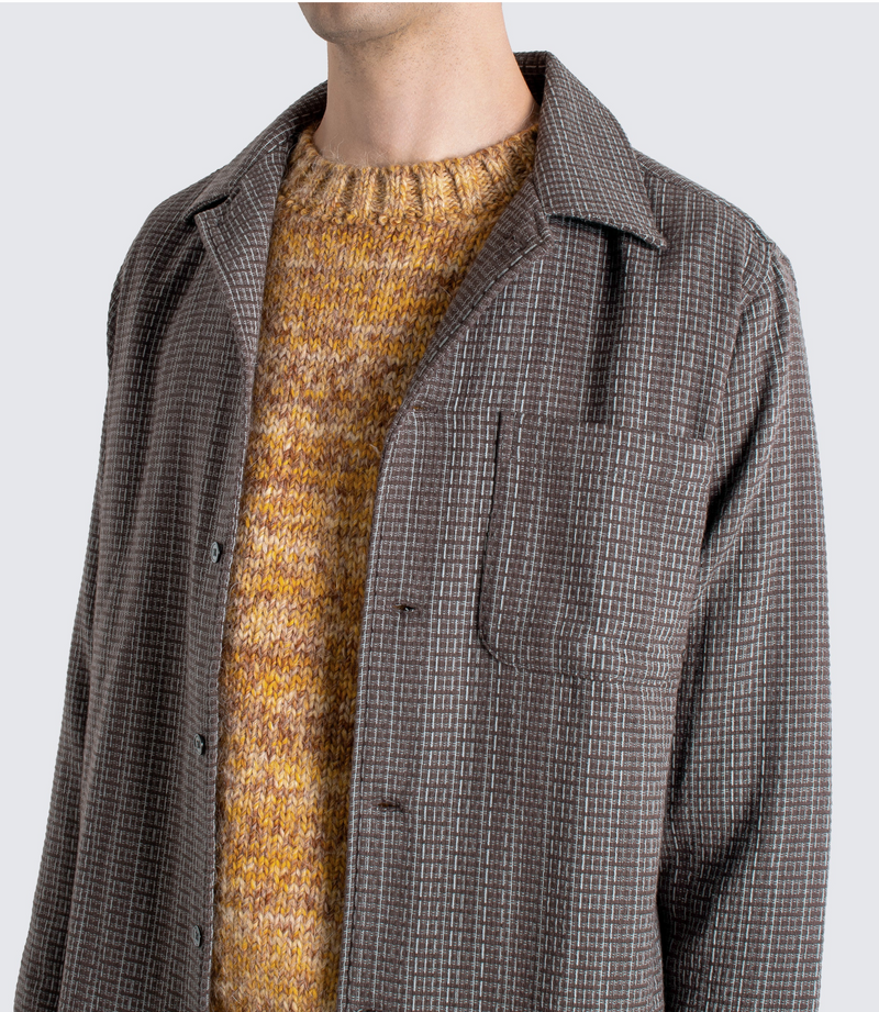 Brown / Stone "Busey" Dobby Check Shirt by Far Afield