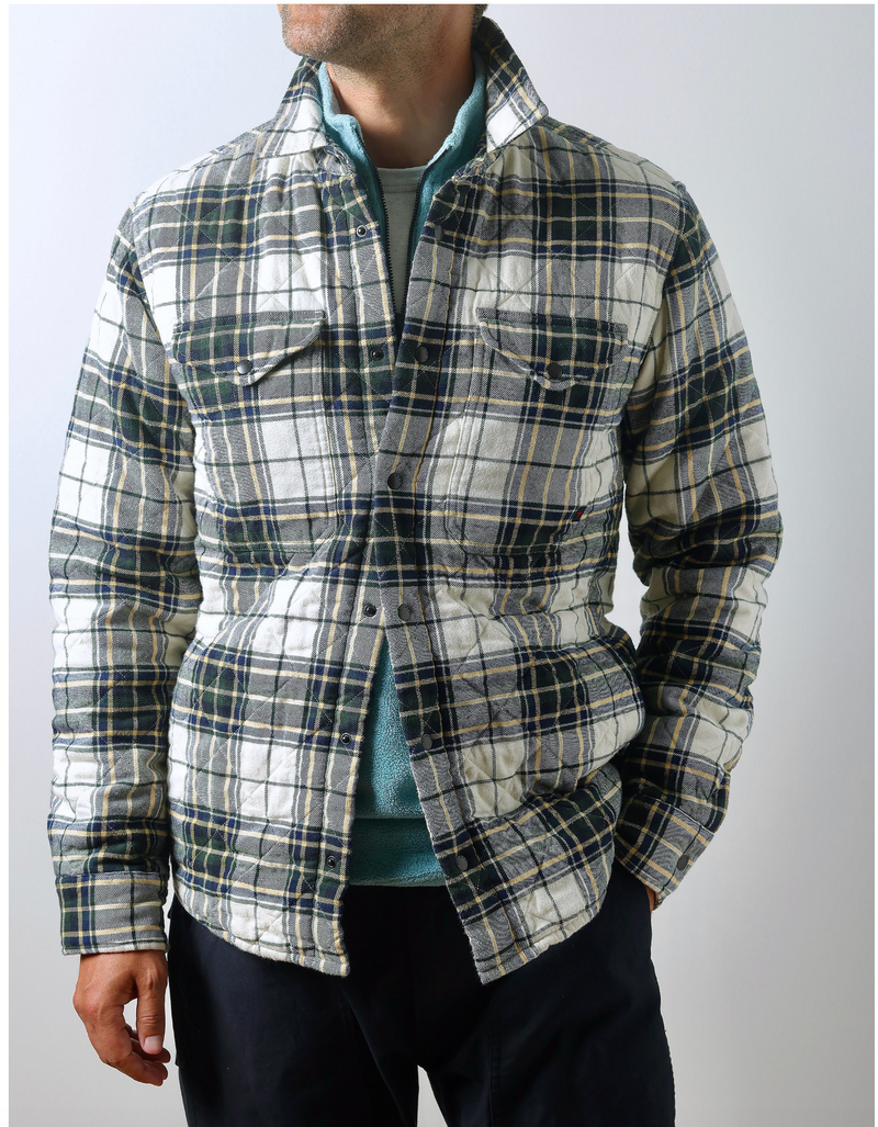 Cream / Brown Forest Tartan Quilted Flannel Shirt by Relwen