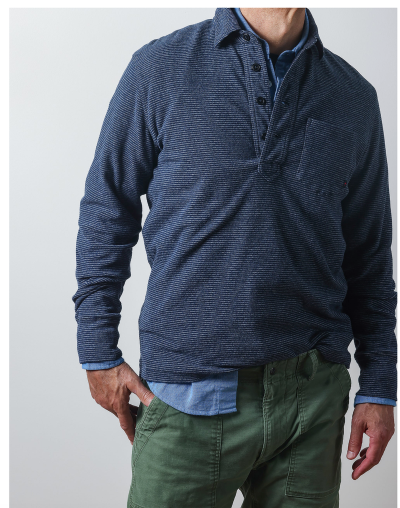 Sky Blue / White Stripe L/S Cotton Mariner Polo by Relwen