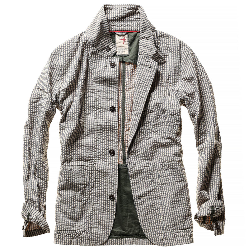Sand / Grey Seersucker Stripe Tropical Trap Blazer by Relwen