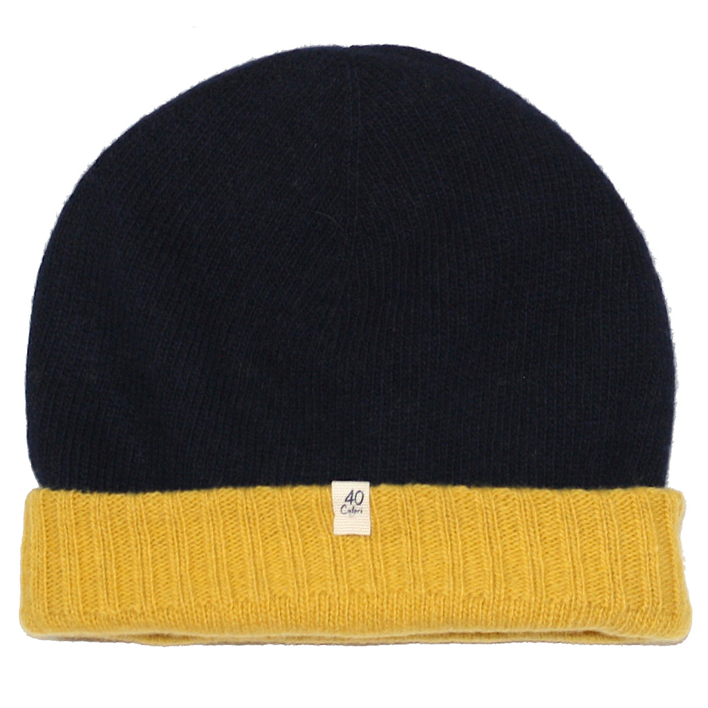 40 Colori Reversible Navy Yellow Cashmere Wool Beanie The Royal Bloke