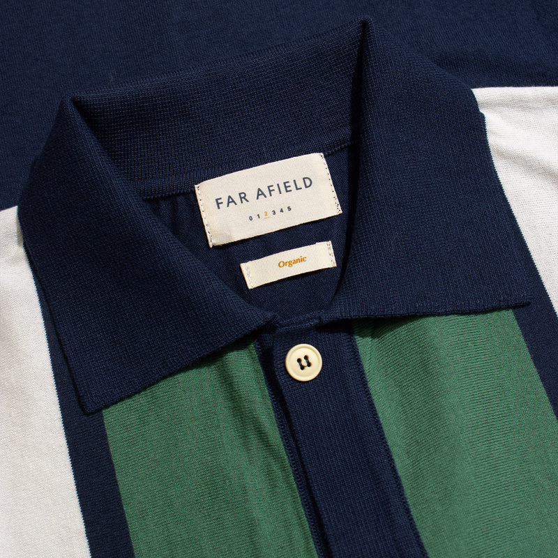 Neto Stripe Navy Iris /Green "Velzy" Cardigan Knit Polo by Far Afield