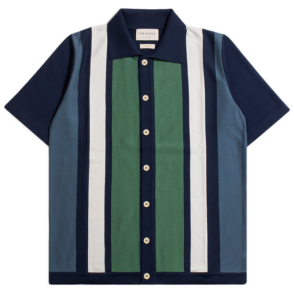 Neto Stripe Navy Iris /Green "Velzy" Cardigan Knit Polo by Far Afield