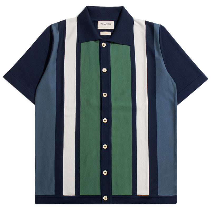 Neto Stripe Navy Iris /Green "Velzy" Cardigan Knit Polo by Far Afield