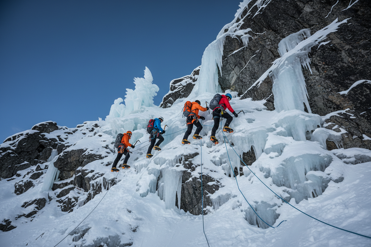 men climbing a mountain in winter