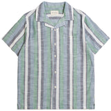 Blue / Green Slub Stripe "Selleck" Short Sleeve Shirt by Far Afield