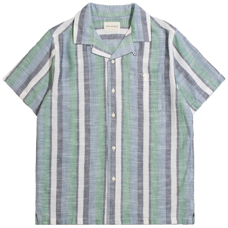 Blue / Green Slub Stripe "Selleck" Short Sleeve Shirt by Far Afield