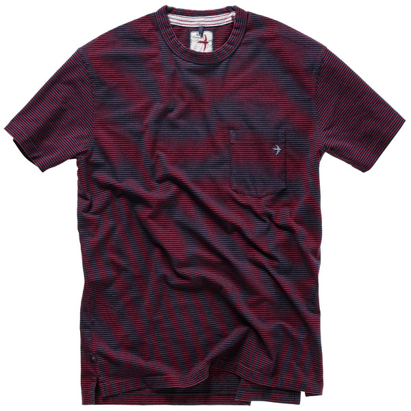Navy / Red SS Stripe Ringspun Pocket Crewneck Tee by Relwen